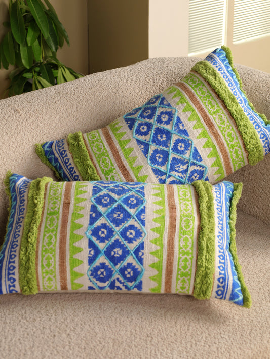 Blue  & Green Boho  Hand Block Printed & Embroidered Cushion Cover