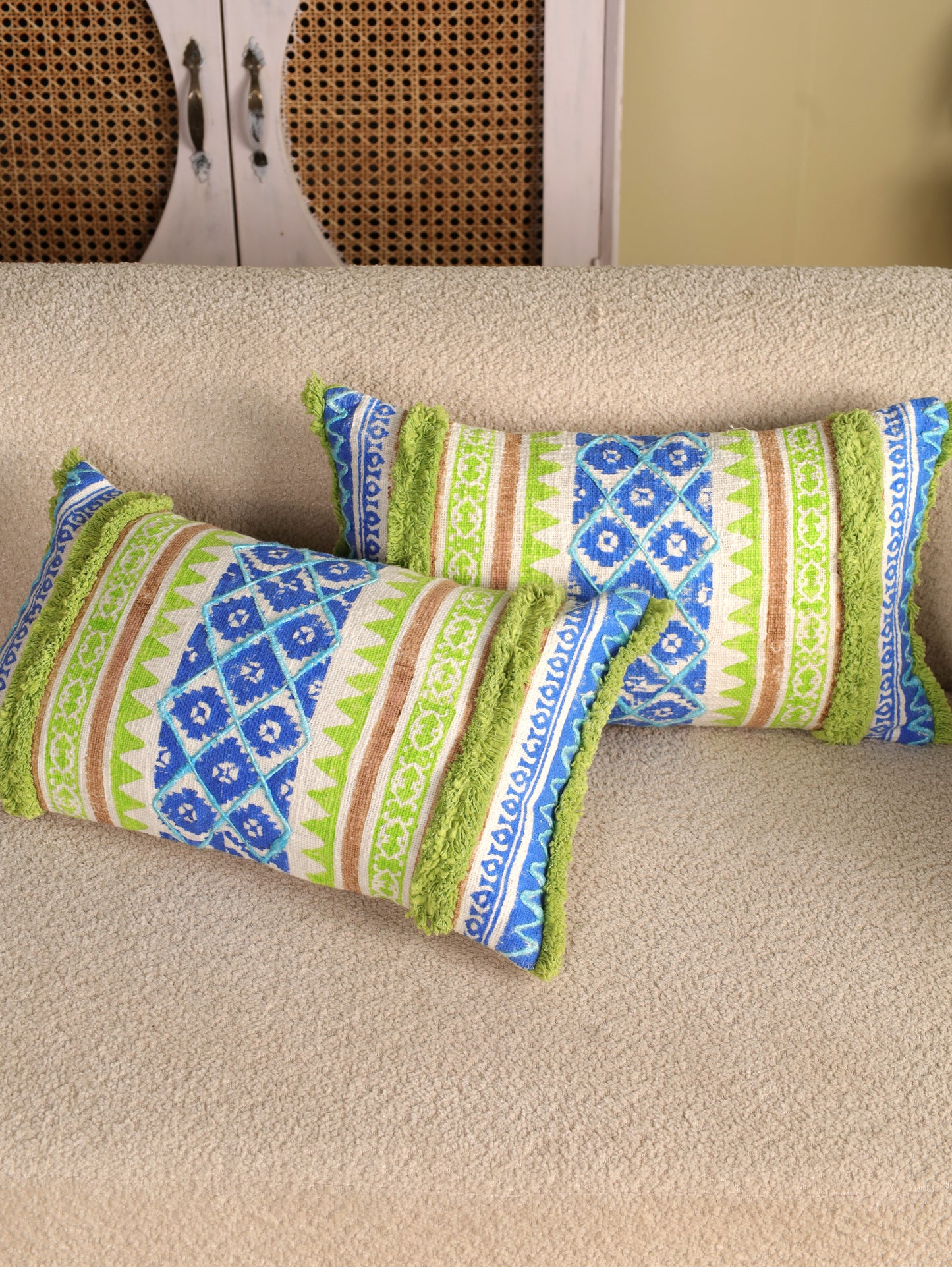 Blue  & Green Boho  Hand Block Printed & Embroidered Cushion Cover