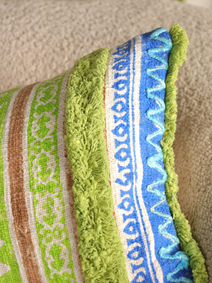 Blue  & Green Boho  Hand Block Printed & Embroidered Cushion Cover