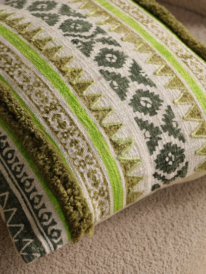 Green Boho Hand Block Printed & Embroidered Cushion Cover