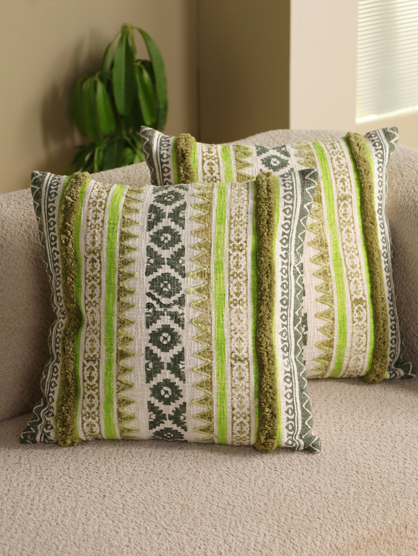 Green Boho Hand Block Printed & Embroidered Cushion Cover