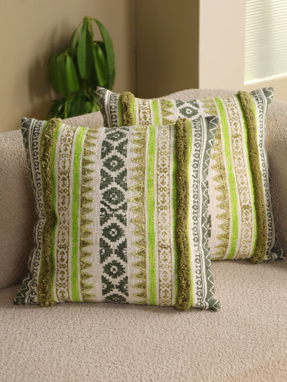 Green Boho Hand Block Printed & Embroidered Cushion Cover