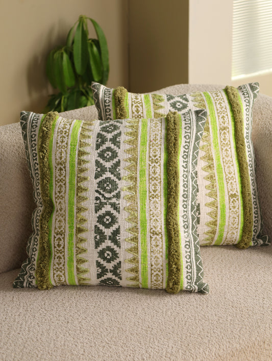 Green Boho Hand Block Printed & Embroidered Cushion Cover