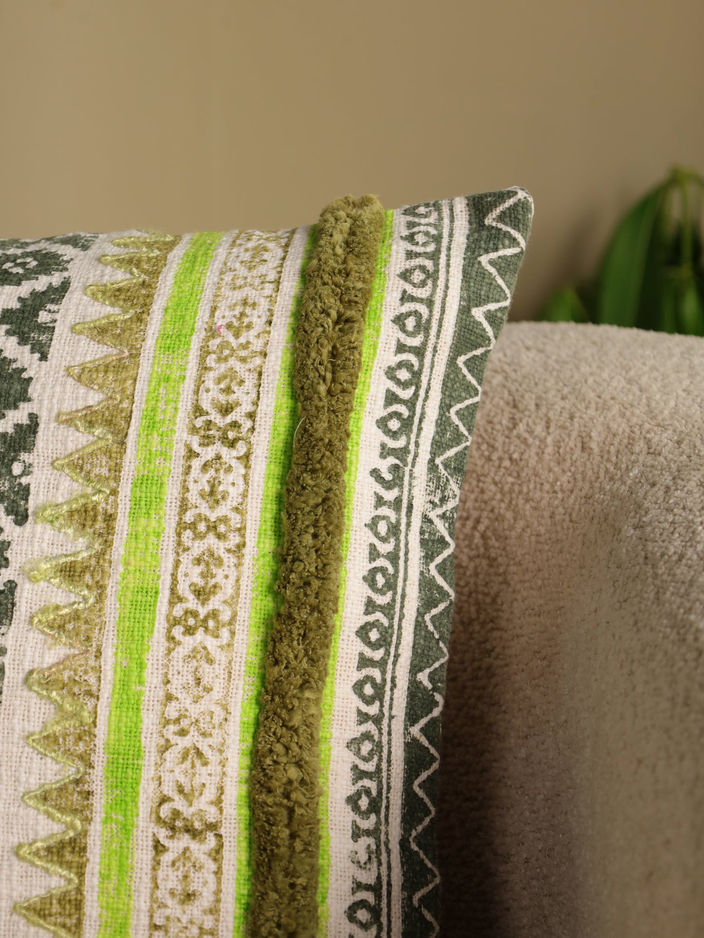 Green Boho Hand Block Printed & Embroidered Cushion Cover