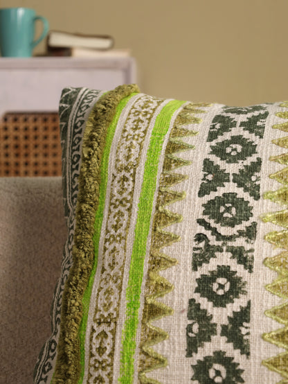 Green Boho Hand Block Printed & Embroidered Cushion Cover