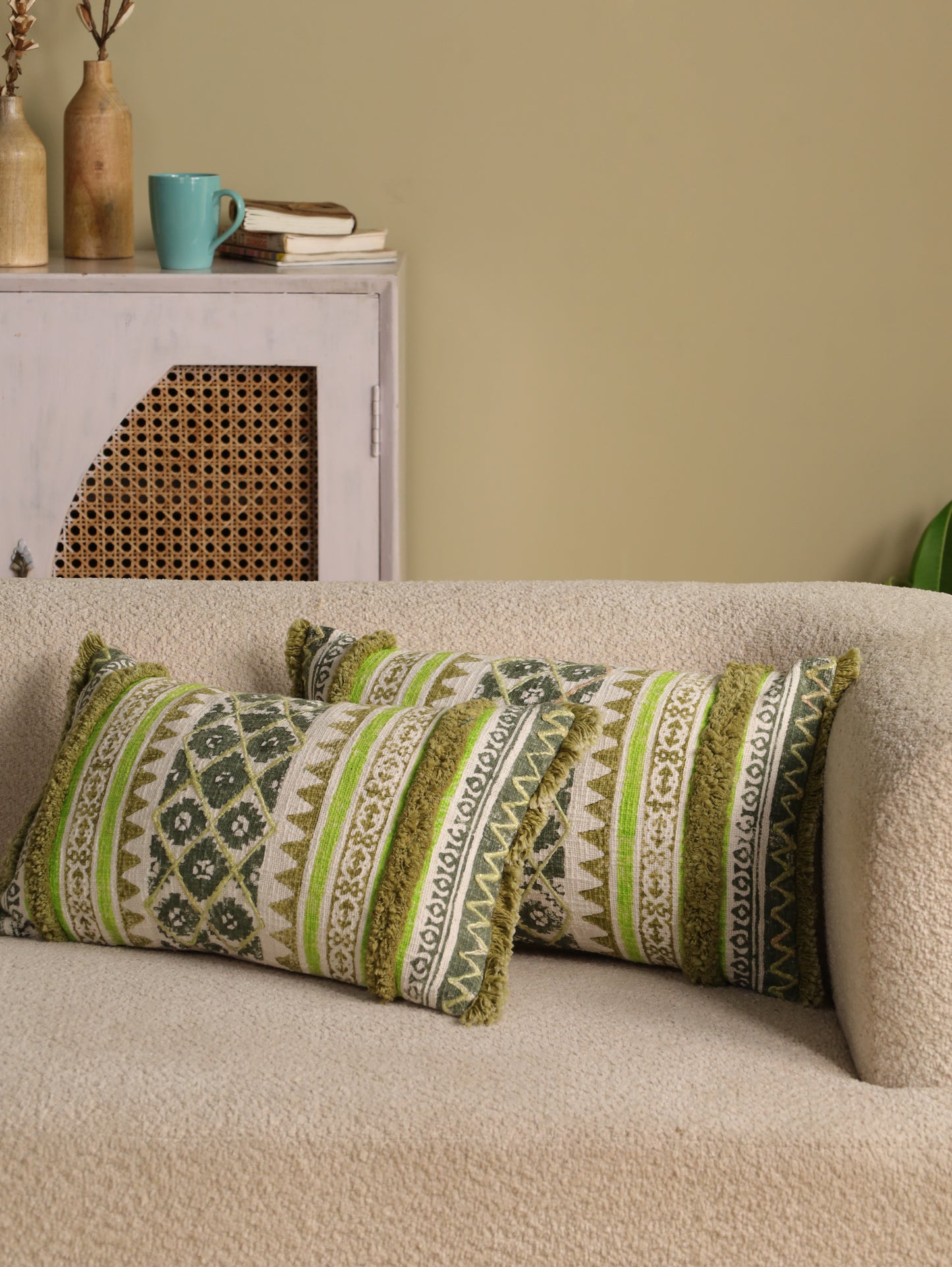 Green Boho Hand Block Printed & Embroidered Cushion Cover