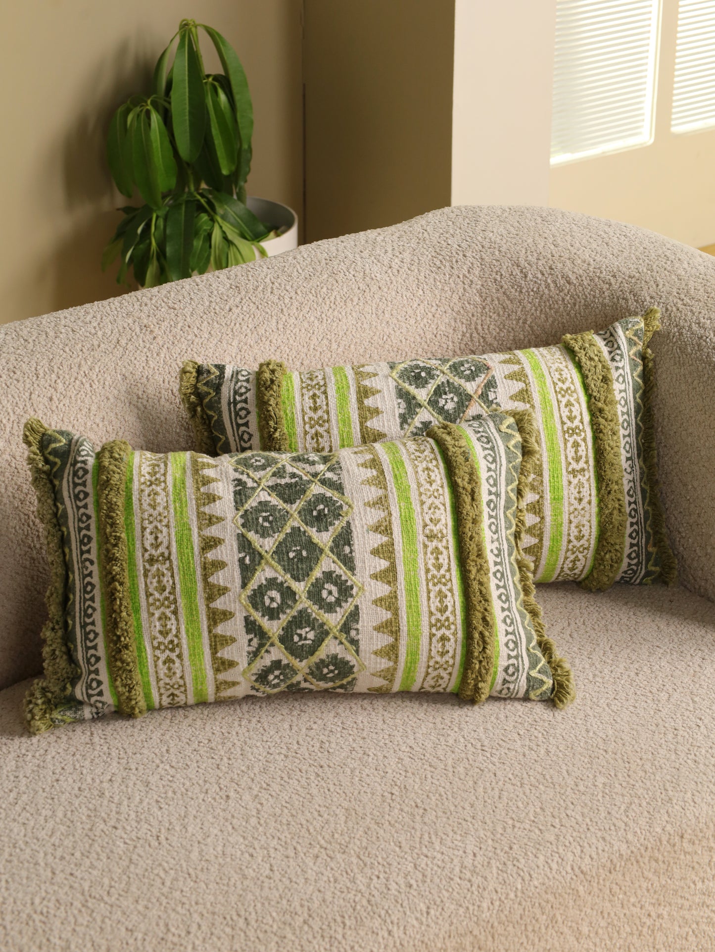 Green Boho Hand Block Printed & Embroidered Cushion Cover
