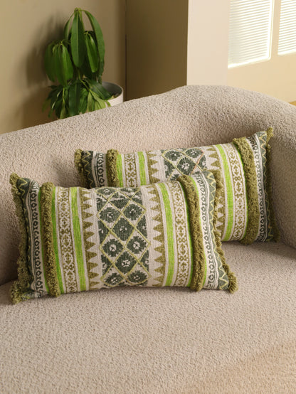 Green Boho Hand Block Printed & Embroidered Cushion Cover