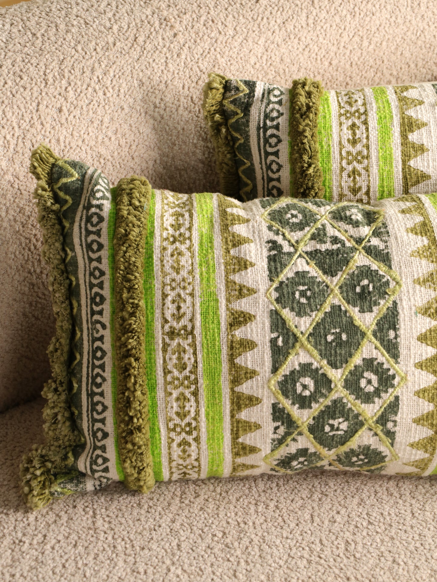 Green Boho Hand Block Printed & Embroidered Cushion Cover