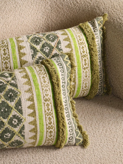Green Boho Hand Block Printed & Embroidered Cushion Cover