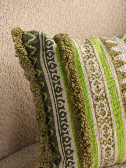 Green Boho Hand Block Printed & Embroidered Cushion Cover