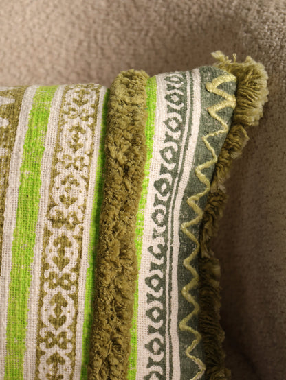 Green Boho Hand Block Printed & Embroidered Cushion Cover