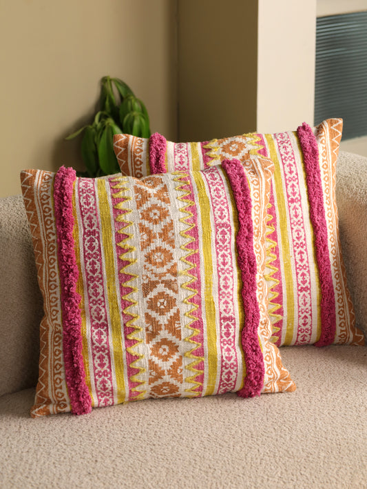 Pink & Yellow Boho Hand Block Printed & Embroidered Cushion Cover