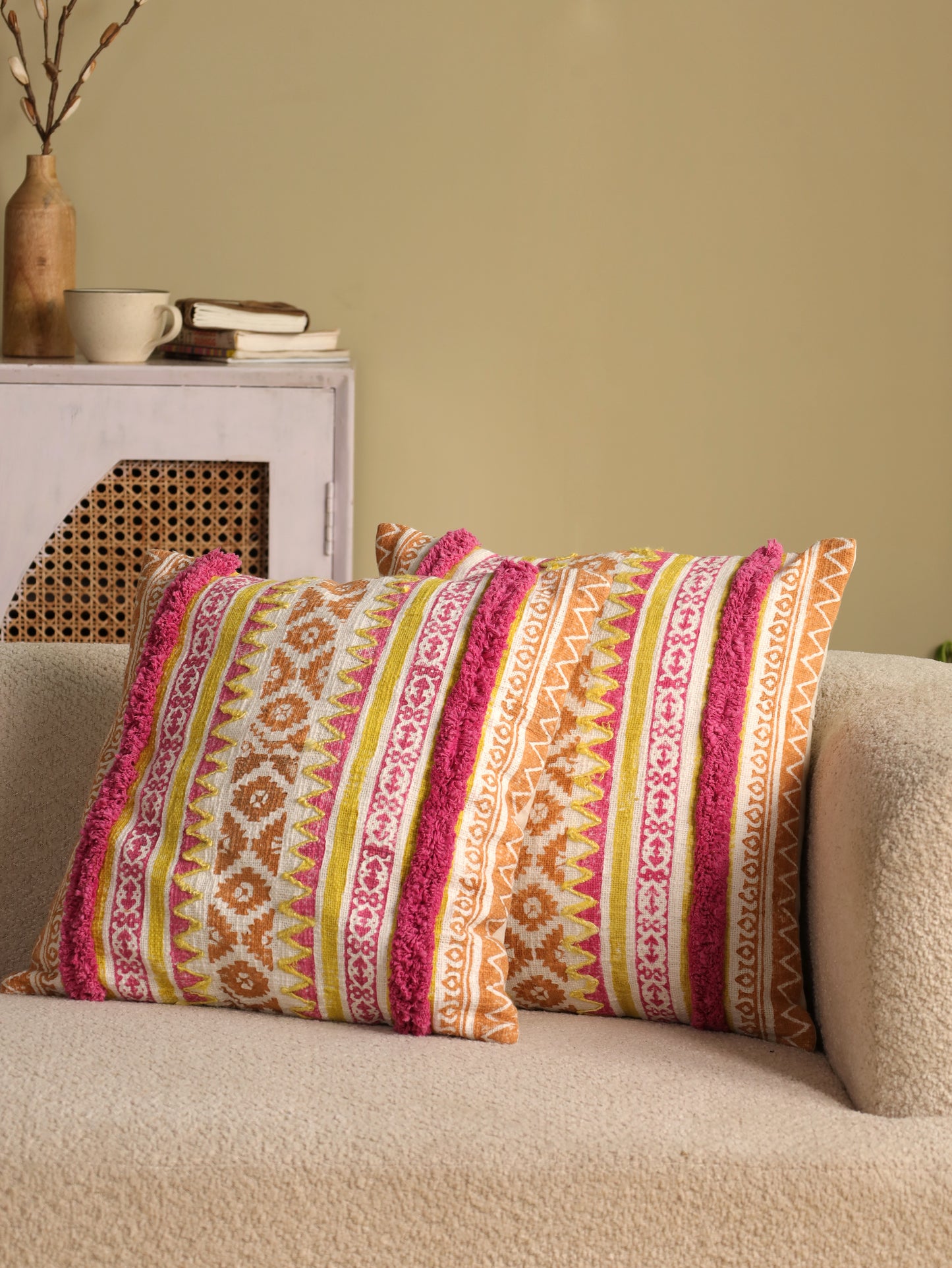 Pink & Yellow Boho Hand Block Printed & Embroidered Cushion Cover
