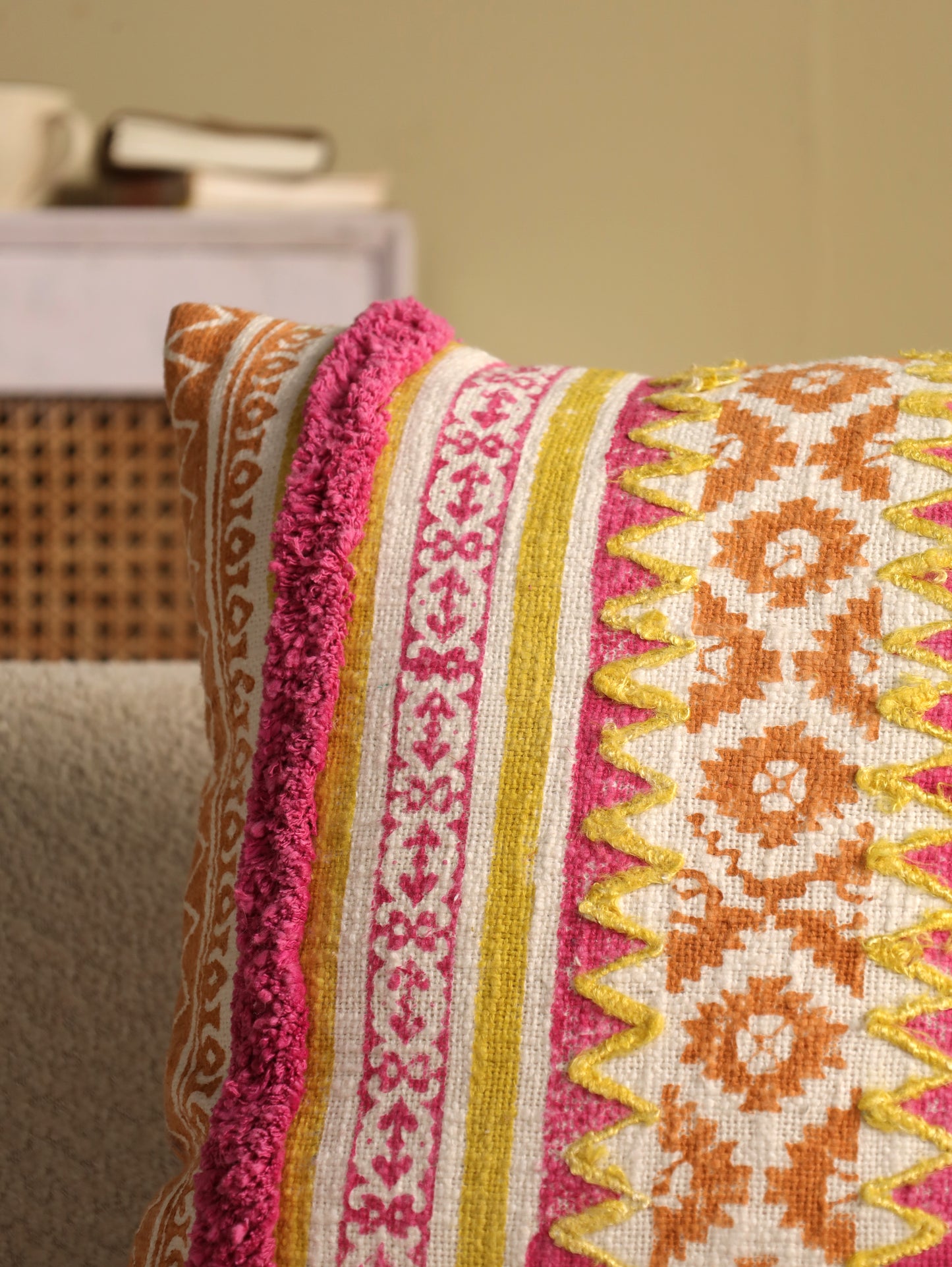 Pink & Yellow Boho Hand Block Printed & Embroidered Cushion Cover