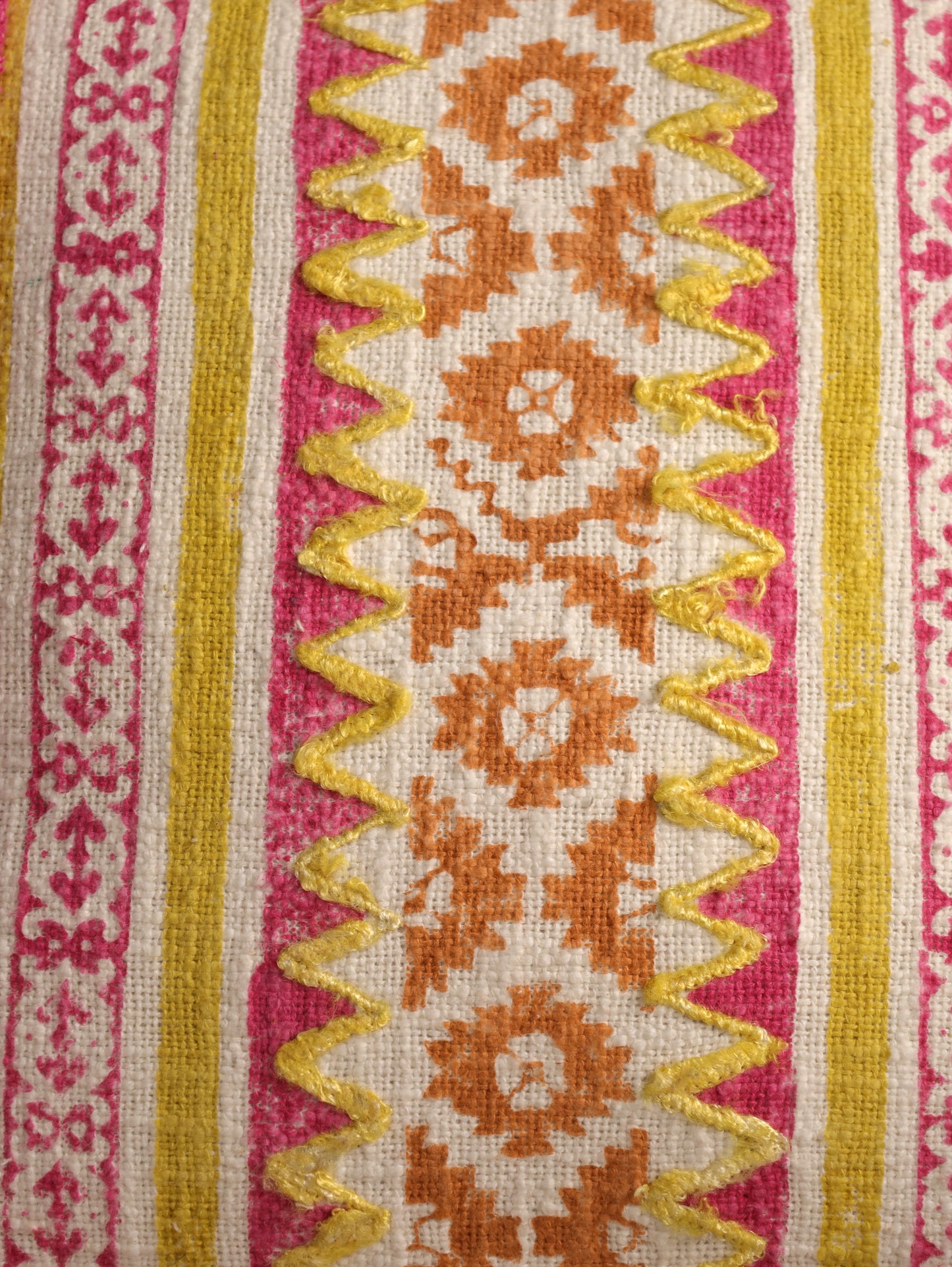 Pink & Yellow Boho Hand Block Printed & Embroidered Cushion Cover