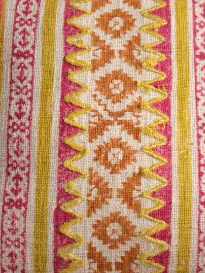 Pink & Yellow Boho Hand Block Printed & Embroidered Cushion Cover