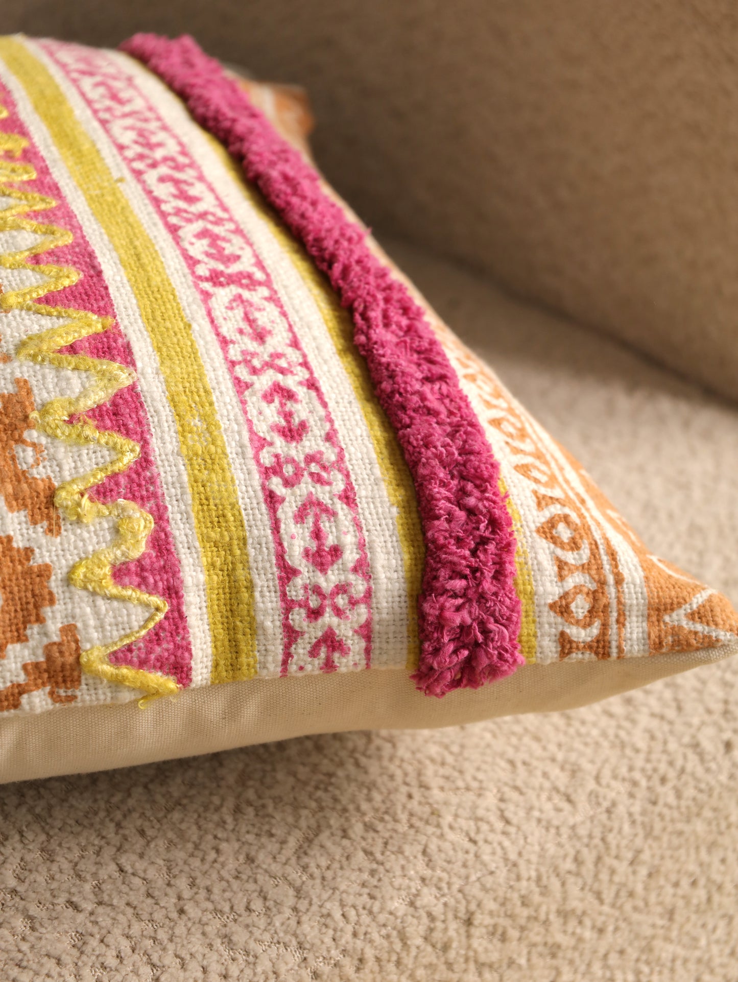 Pink & Yellow Boho Hand Block Printed & Embroidered Cushion Cover