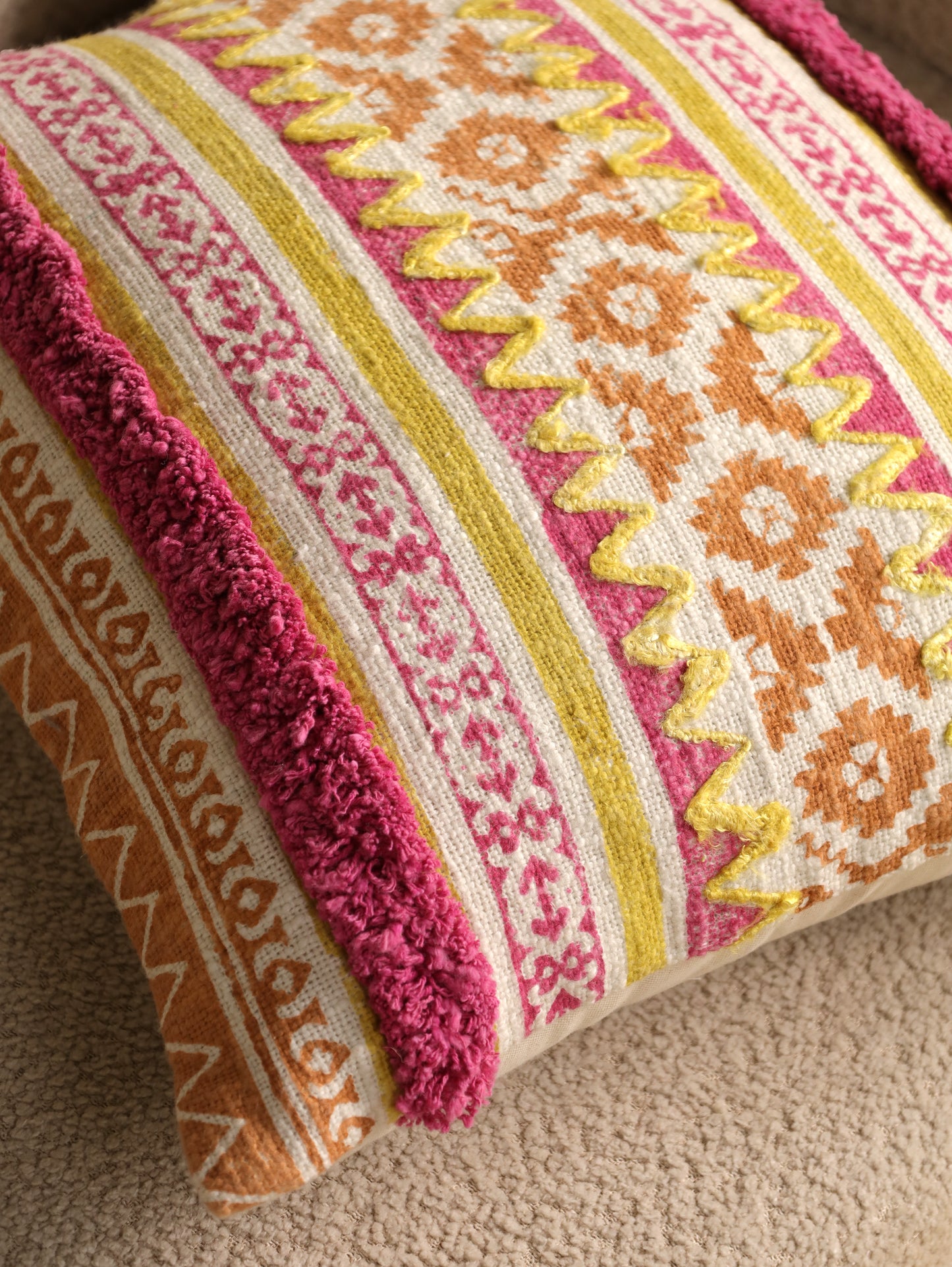 Pink & Yellow Boho Hand Block Printed & Embroidered Cushion Cover