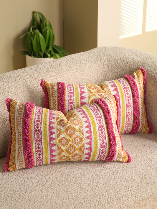 Pink & Yellow Boho Hand Block Printed & Embroidered Cushion Cover