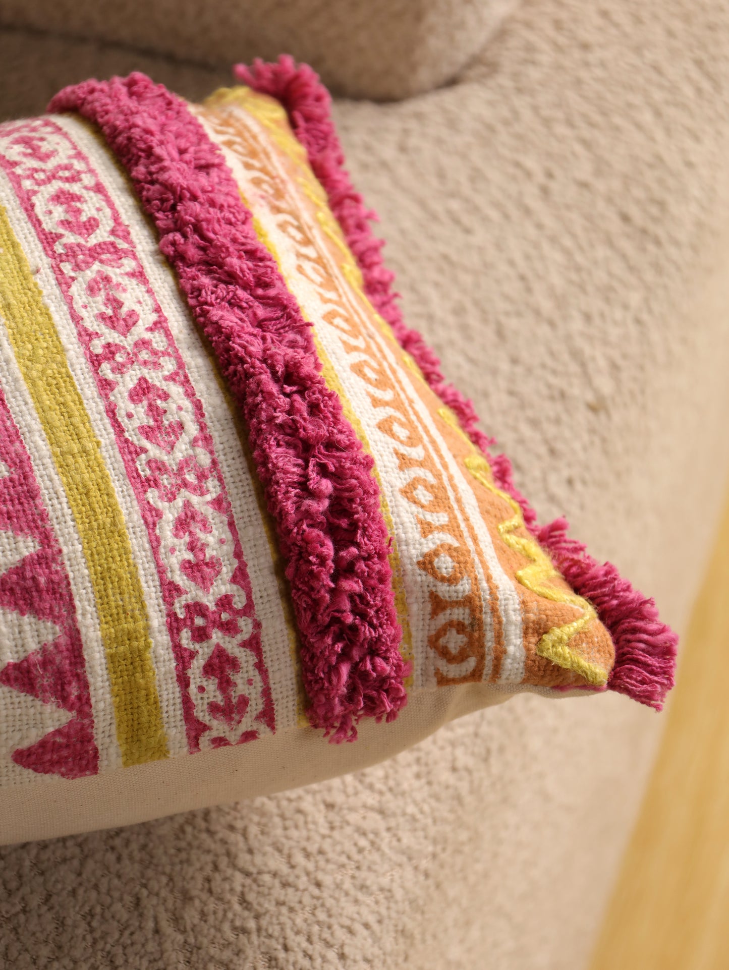 Pink & Yellow Boho Hand Block Printed & Embroidered Cushion Cover