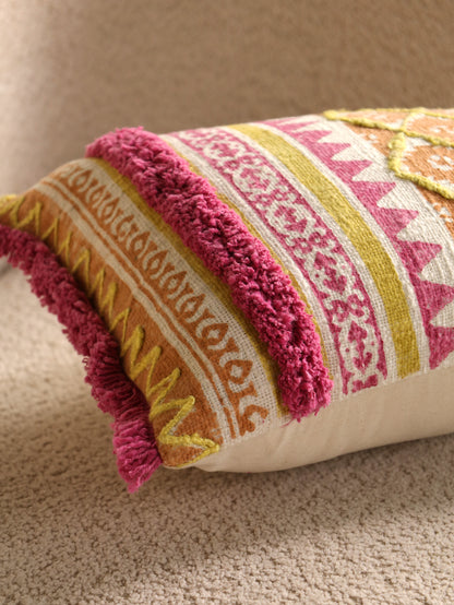 Pink & Yellow Boho Hand Block Printed & Embroidered Cushion Cover