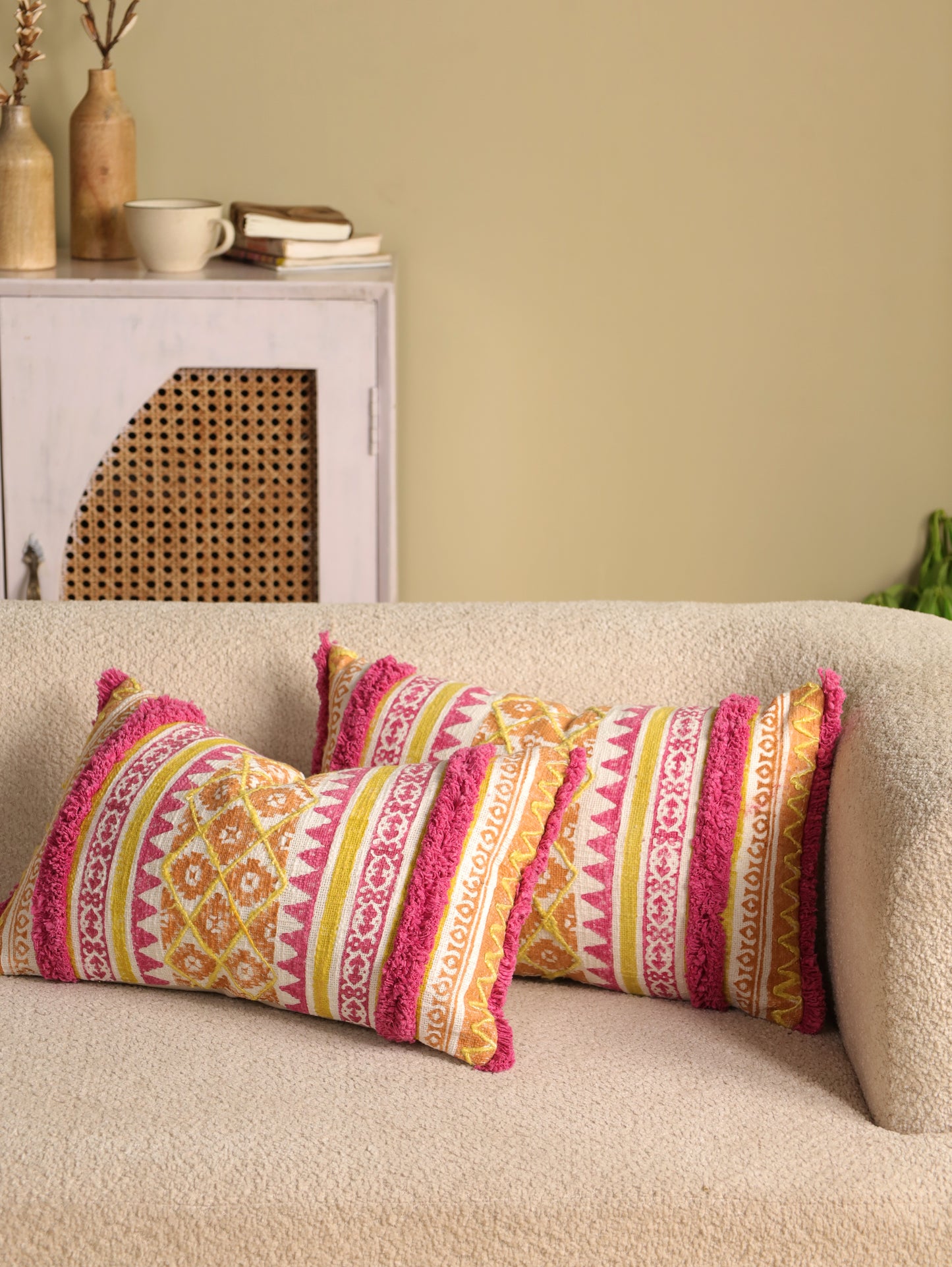 Pink & Yellow Boho Hand Block Printed & Embroidered Cushion Cover