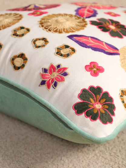 Pink & Yellow Floral Embroidered Cushion Cover