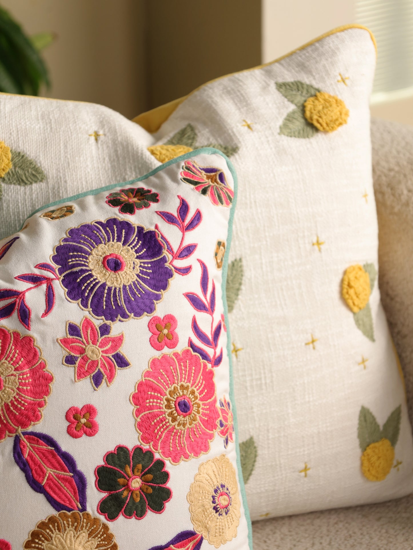 Pink & Yellow Floral Embroidered Cushion Cover