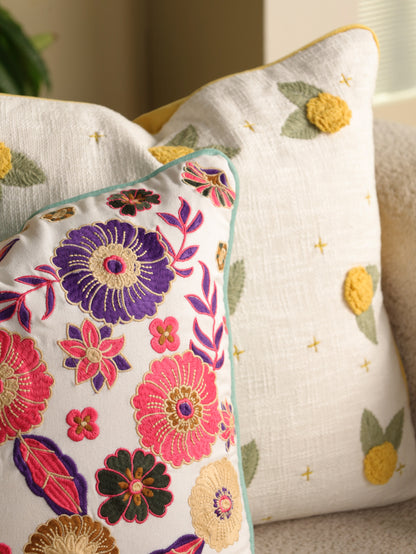 Pink & Yellow Floral Embroidered Cushion Cover