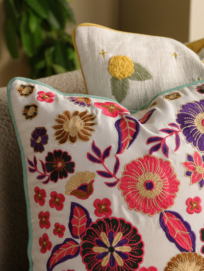 Pink & Yellow Floral Embroidered Cushion Cover