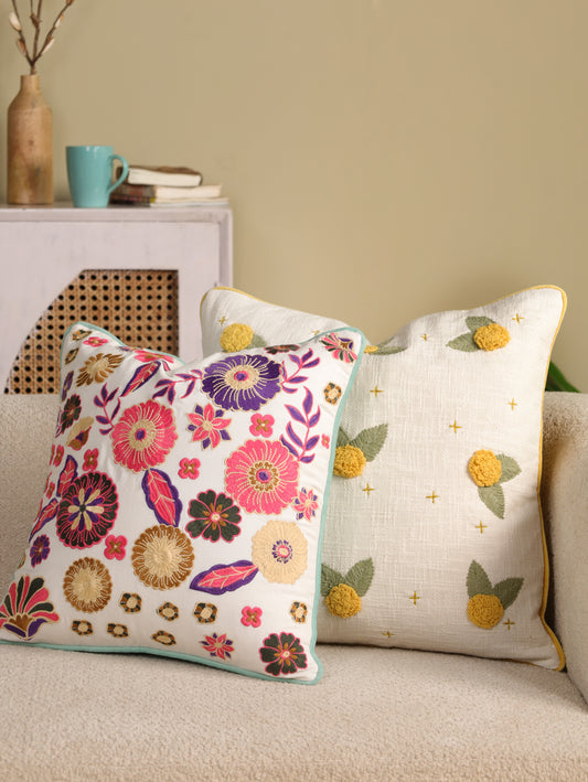 Pink & Yellow Floral Embroidered Cushion Cover