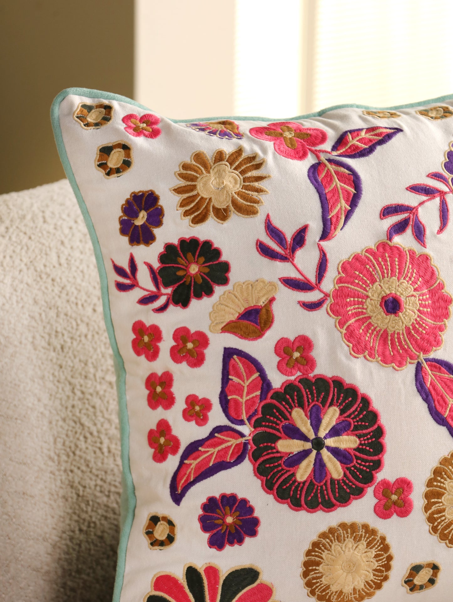Pink & Yellow Floral Embroidered Cushion Cover