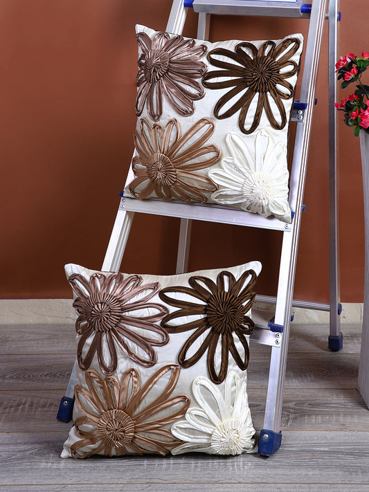 Eyda Satin Tape Ivory Color Designer Cushion Cover Set of 2-16x16 Inch