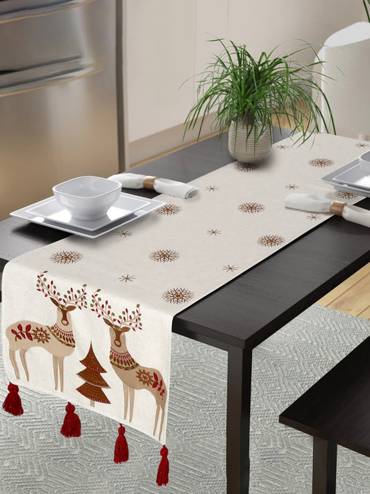 Eyda Beige and Red Cotton Linen Embroidered Table Runner