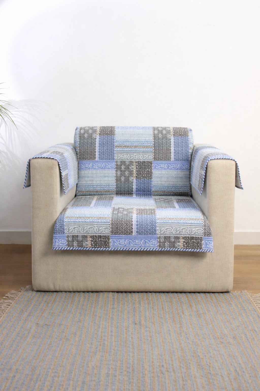 1 Seater Sofa Cover – Cotton  Patchwork Design | Anti-Slip | Washable Sofa Protector