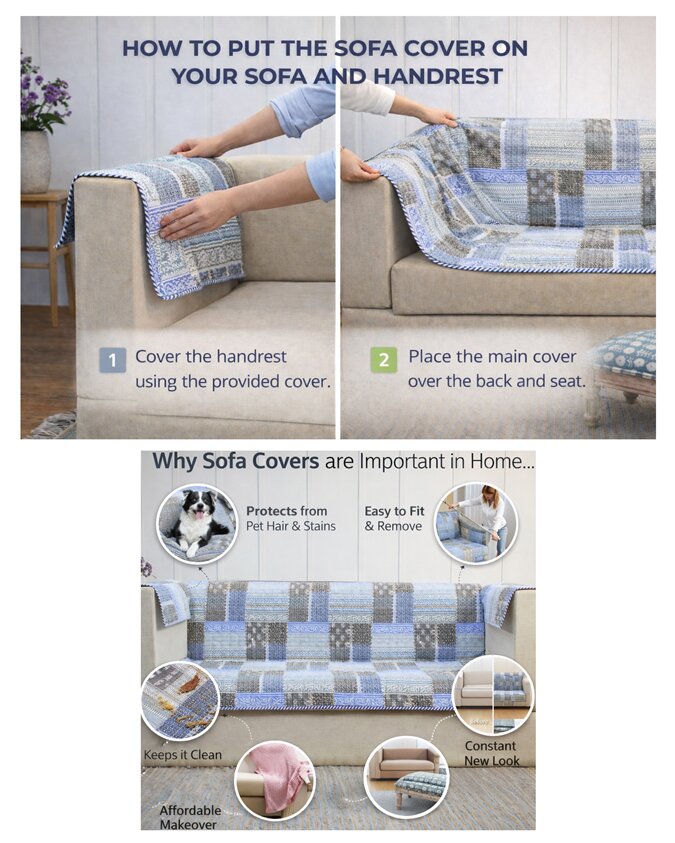 1 Seater Sofa Cover – Cotton  Patchwork Design | Anti-Slip | Washable Sofa Protector
