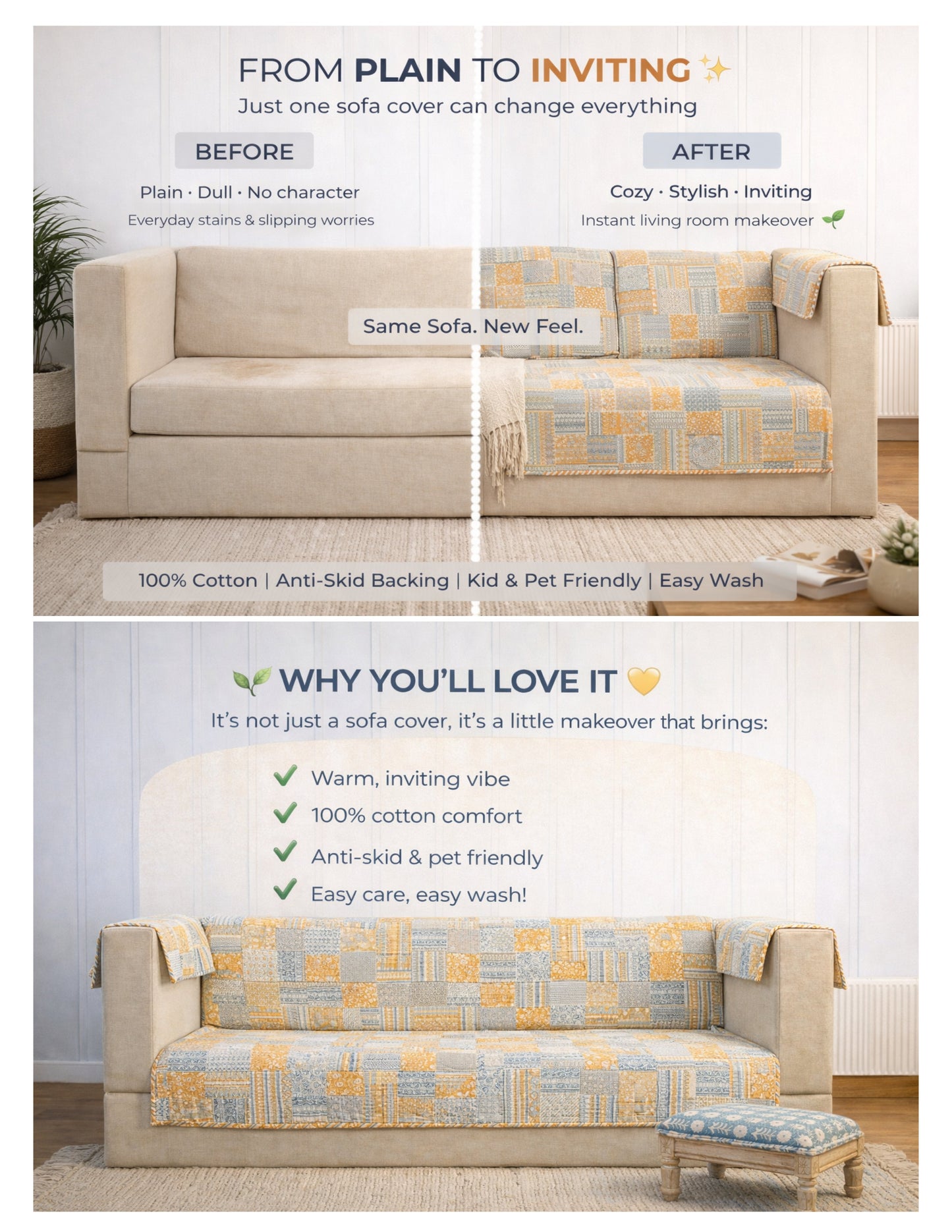 Patchwork Cotton Single Seater Sofa Cover – Yellow & Grey Jaipuri Print