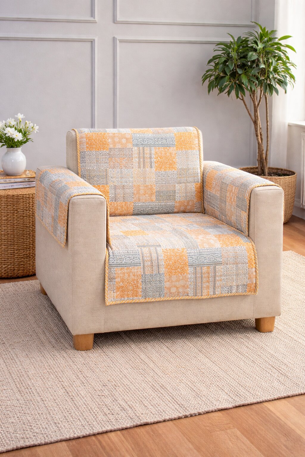 Patchwork Cotton Single Seater Sofa Cover – Yellow & Grey Jaipuri Print