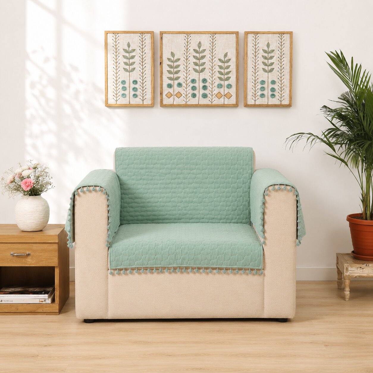 Mint Green Quilted Sofa Cover | Tassel Sofa Protector | Cotton Sofa Throw (Copy)
