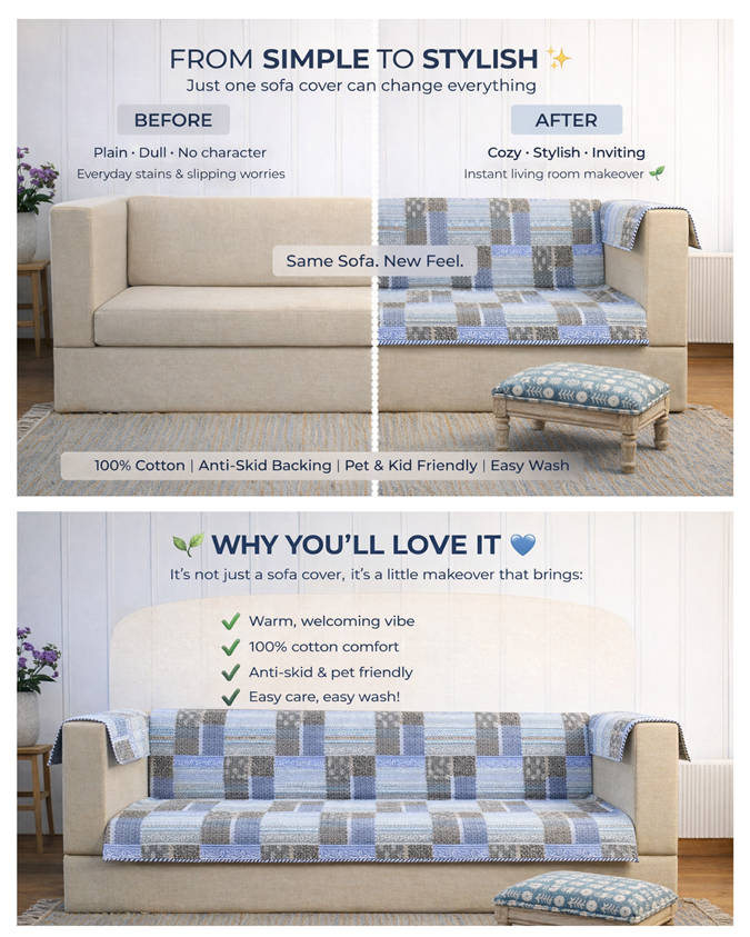 2 Seater Sofa Cover – Stretchable Patchwork Design | Anti-Slip | Washable Sofa Protector