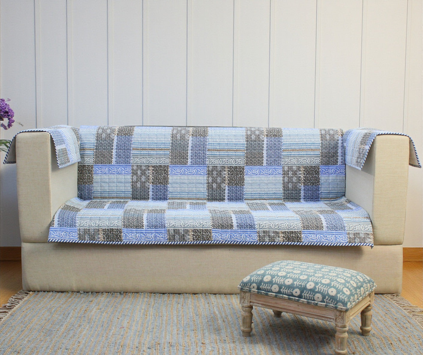2 Seater Sofa Cover – Stretchable Patchwork Design | Anti-Slip | Washable Sofa Protector