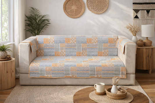 2 Seater Sofa Cover – Stretchable Patchwork Design | Anti-Slip | Washable Sofa Protector