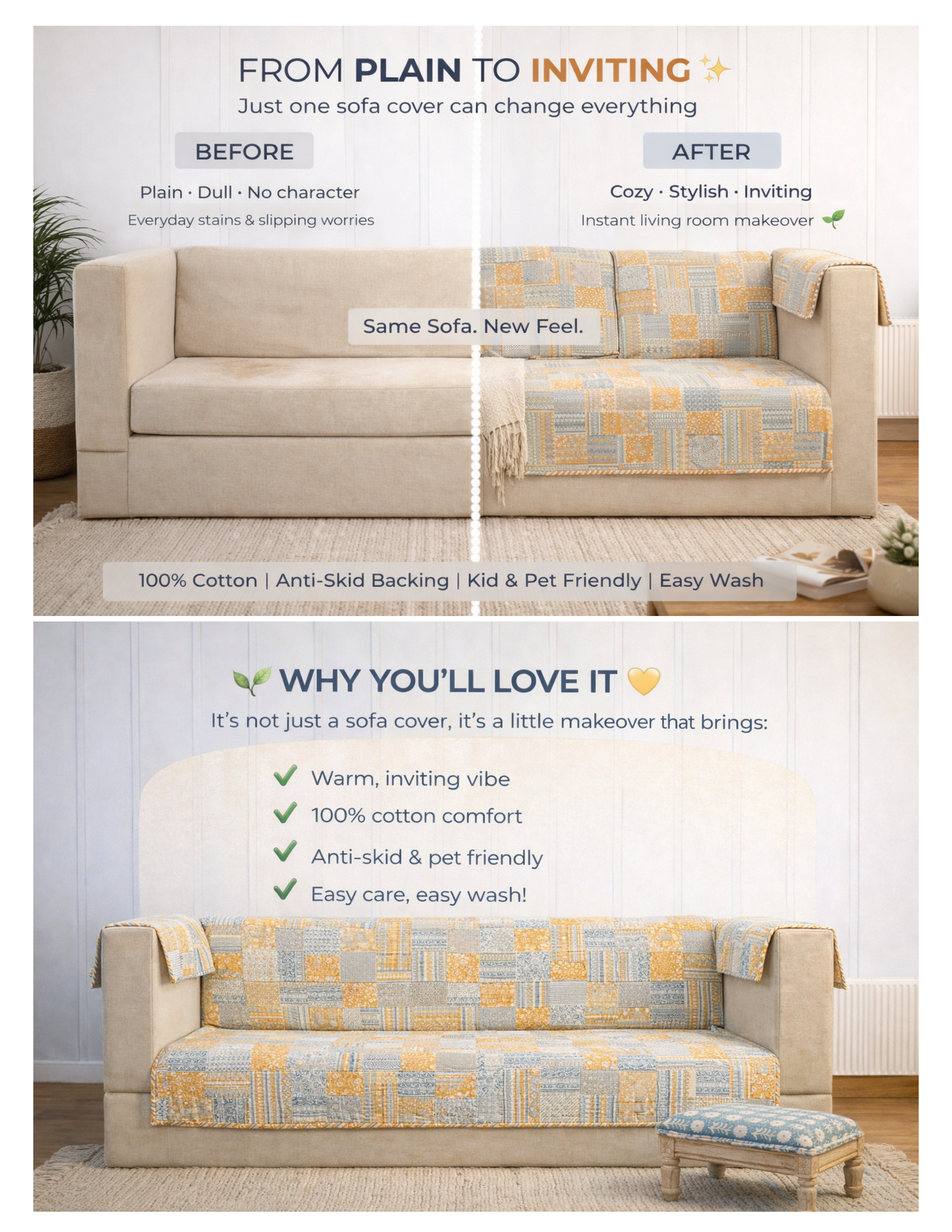 3 Seater Sofa Cover with Patchwork Design | Cotton Blend Sofa Protector