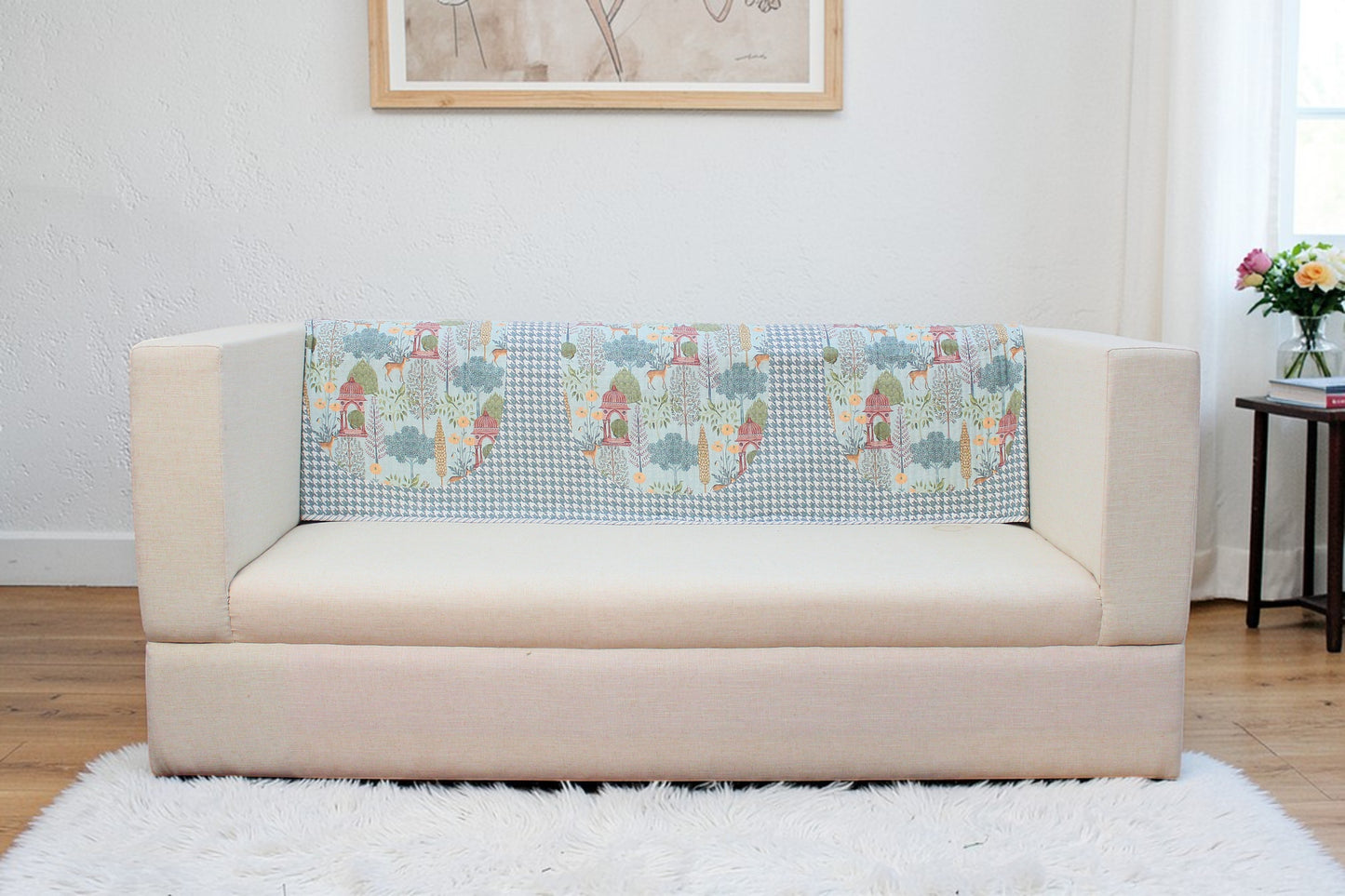Premium Linen Printed Sofa Back Cover Throw – Pichwai Inspired Decorative Sofa Protector (3 Seater)