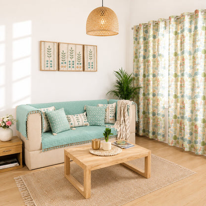Mint Green Quilted Sofa Cover | Tassel Sofa Protector | Cotton Sofa Throw