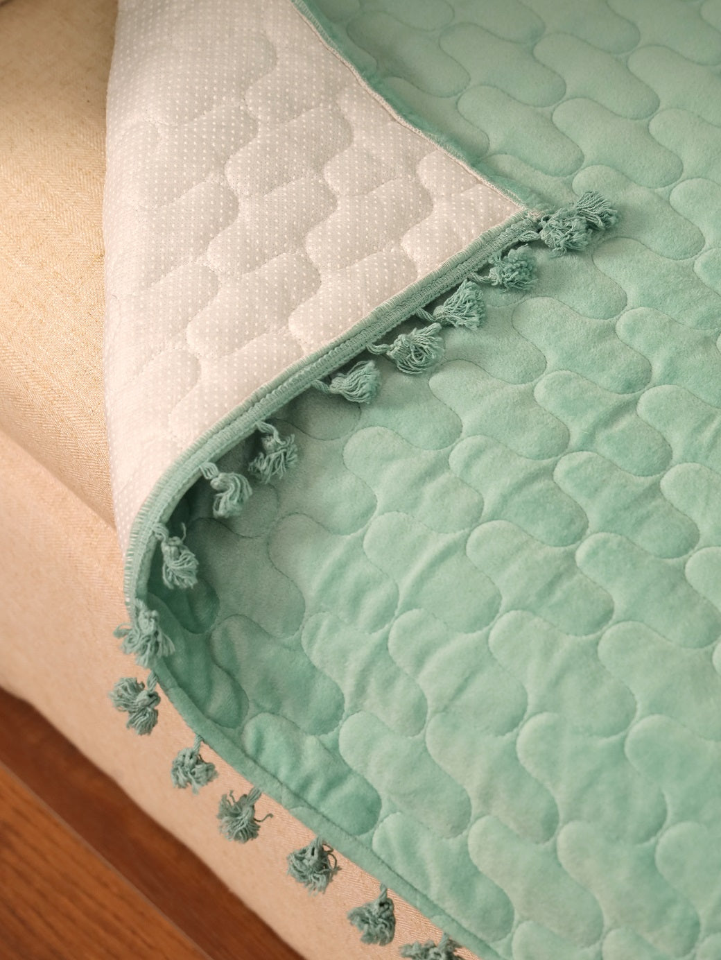 Mint Green Quilted Sofa Cover | Tassel Sofa Protector | Cotton Sofa Throw