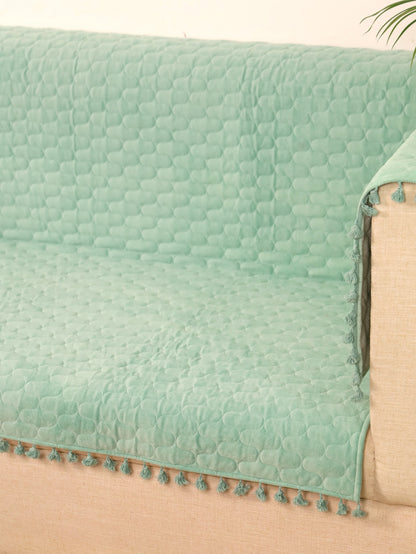 Mint Green Quilted Sofa Cover | Tassel Sofa Protector | Cotton Sofa Throw