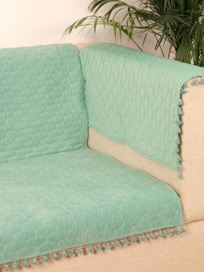 Mint Green Quilted Sofa Cover | Tassel Sofa Protector | Cotton Sofa Throw