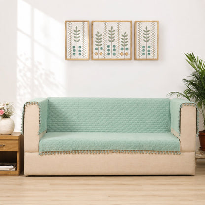 Mint Green Quilted Sofa Cover | Tassel Sofa Protector | Cotton Sofa Throw